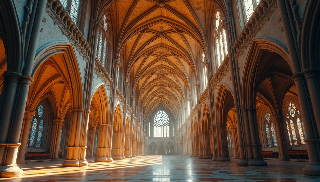 Prompt: Intricate Gothic arches, ribbed vaults, flying buttresses, ornate stone carvings, grandiose entranceways, steel frame structures, modern engineering techniques, reinforced concrete foundations, slender columns, pointed spires, stained glass windows, vibrant colorful patterns, natural light illumination, dramatic verticality, 3/4 composition, low-angle shot, warm golden lighting, ambient occlusion.