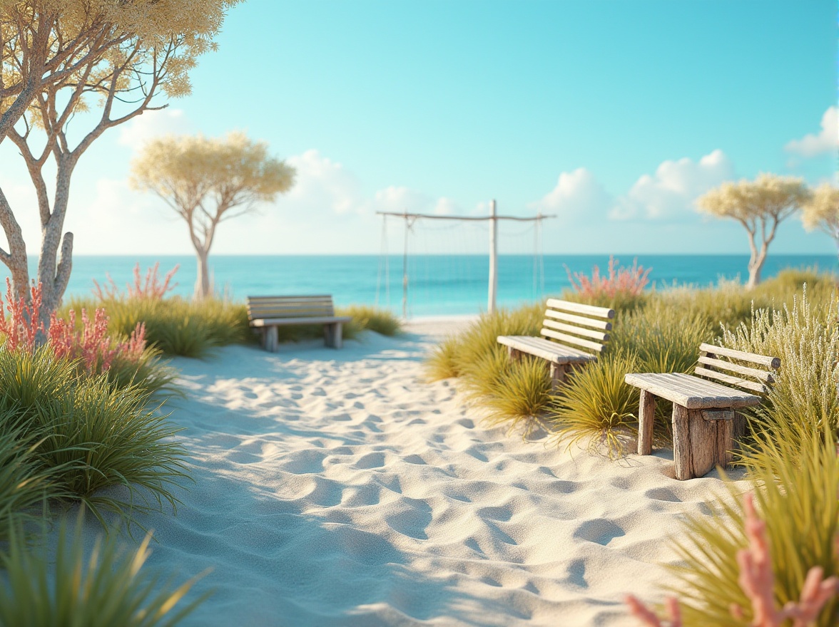 Prompt: Vibrant green grass, ocean-inspired blues, sandy beige tones, coral red accents, weathered wood textures, driftwood gray benches, nautical rope details, sailboat-white goalposts, sea-salt air, sunny cloudless sky, soft warm lighting, shallow depth of field, 3/4 composition, panoramic view, realistic textures, ambient occlusion.