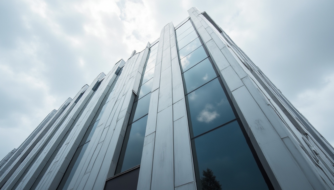 Prompt: Sleek modern building, aluminum fa\u00e7ade, silver metallic finish, durable weather resistance, stylish minimalist design, industrial chic aesthetic, urban cityscape, cloudy sky, natural light reflection, shallow depth of field, 3/4 composition, realistic textures, ambient occlusion.