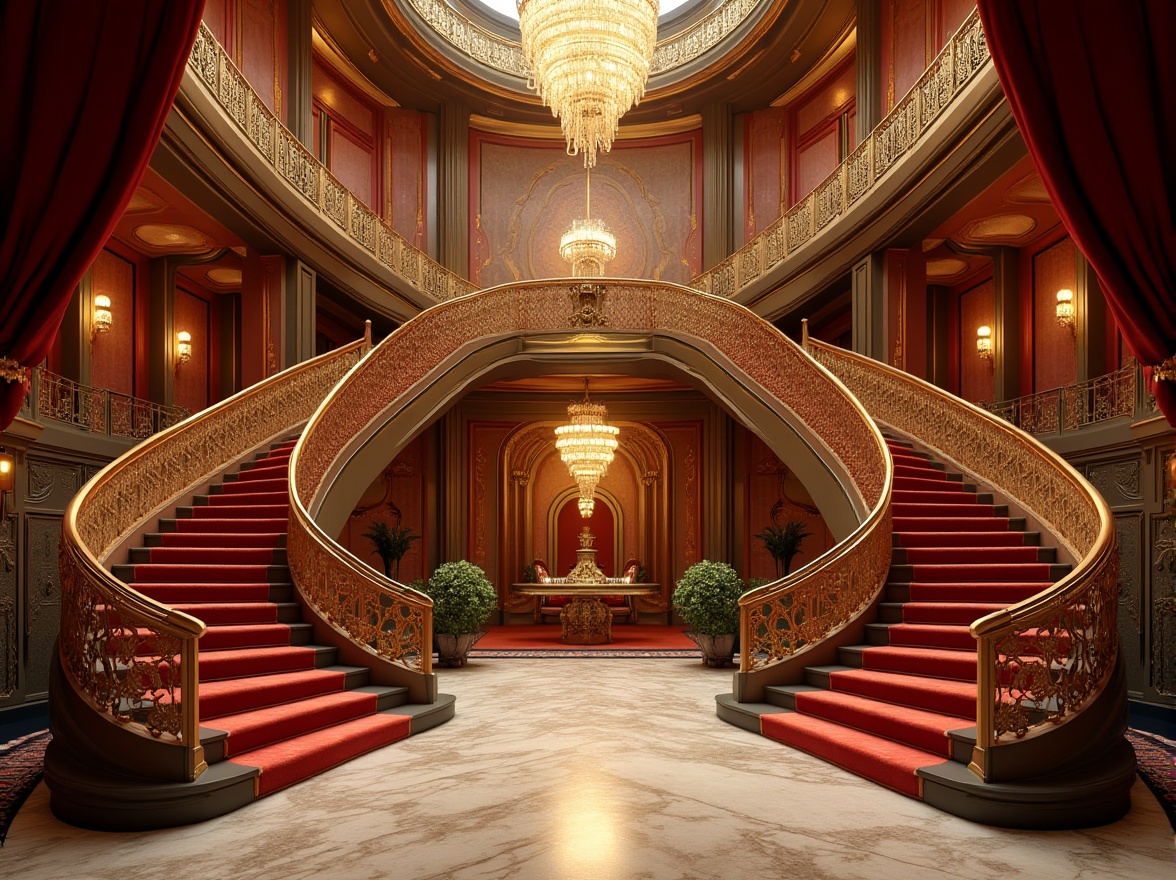 Prompt: Curved streamline facade, Art Deco-inspired details, grand entrance, sweeping staircases, ornate balconies, metallic accents, geometric patterns, luxurious materials, opulent chandeliers, red velvet curtains, gilded moldings, marble floors, intricate mosaics, dramatic spotlights, warm golden lighting, shallow depth of field, 1/2 composition, symmetrical view, highly detailed textures, ambient occlusion.