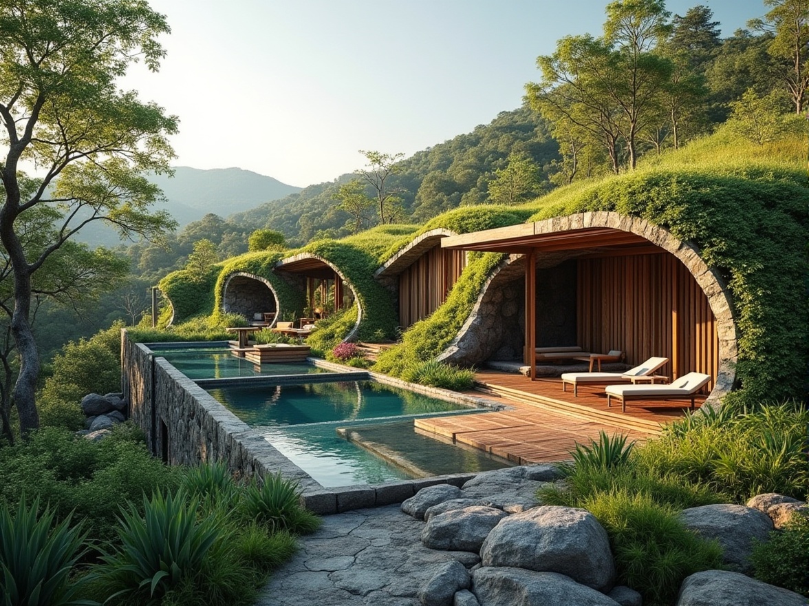 Prompt: Harmonious landscape integration, lush green roofs, verdant walls, natural stone fa\u00e7ades, curved lines, organic forms, blending architecture with nature, seamless transitions, outdoor living spaces, infinity pools, water features, native plant species, rustic wooden decks, steel frame structures, minimalist design, abundant natural light, soft warm ambiance, 1/1 composition, realistic textures, ambient occlusion.Please let me know if this meets your requirements!