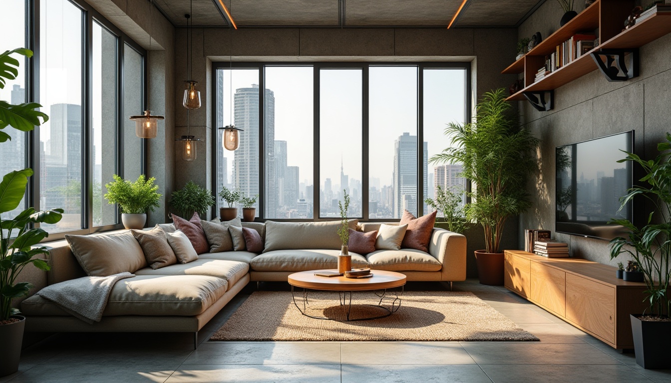 Prompt: Cozy living room, modern sectional sofa, wooden coffee table, floor-to-ceiling windows, natural light pouring in, urban cityscape view, concrete floors, industrial chic decor, vibrant greenery, pendant lighting fixtures, functional shelving units, minimalist design, open-plan layout, comfortable reading nook, soft warm textiles, earthy color palette, 1/1 composition, shallow depth of field, realistic textures.