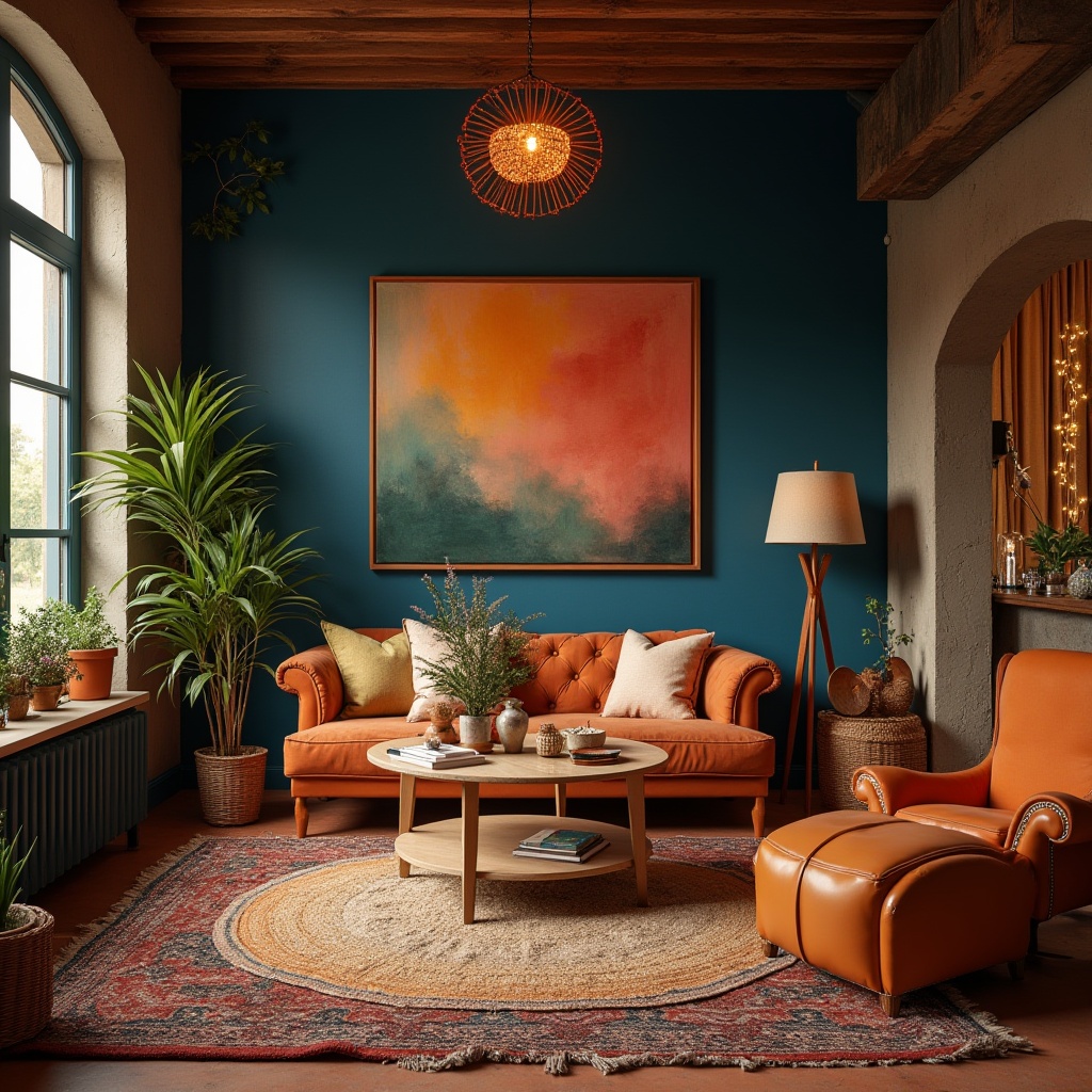 Prompt: Vibrant artistic studio, eclectic bohemian decor, rich wood accents, bold abstract artwork, warm golden lighting, earthy terracotta flooring, plush velvet furniture, distressed leather textures, moody indigo walls, metallic copper accents, natural woven fibers, soft peach undertones, high contrast ratio, 2.5D composition, cinematic depth of field, realistic material rendering.