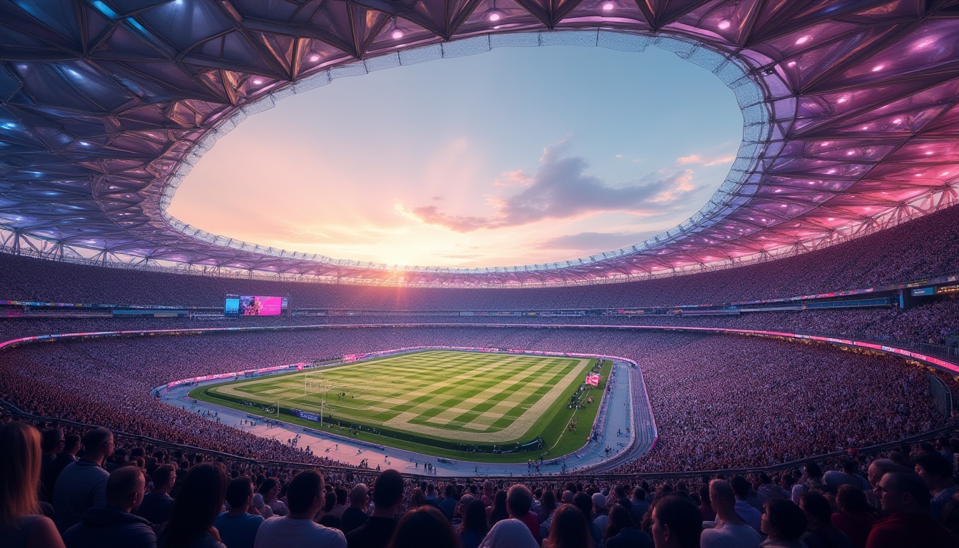 Prompt: Futuristic stadium architecture, curvaceous roof design, translucent membrane materials, cantilevered sections, dramatic overhangs, sleek metal supports, vibrant LED lighting, dynamic shadows, bustling crowd atmosphere, evening sunset ambiance, warm golden hour lighting, shallow depth of field, 1/2 composition, low-angle view, realistic textures, ambient occlusion.