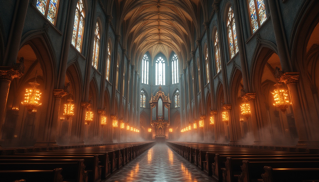 Prompt: Grand cathedral, vaulted ceilings, ribbed arches, stained glass windows, ornate stone carvings, intricate frescoes, dramatic lighting, mystical ambiance, rich wood tones, opulent furnishings, luxurious textiles, majestic organ pipes, sacred relics, atmospheric fog, warm candlelight, shallow depth of field, 1/2 composition, symmetrical framing, detailed architectural rendering.