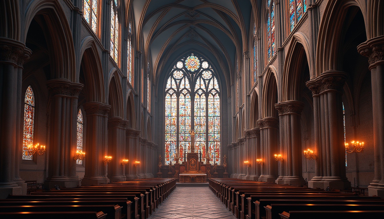 Prompt: Intricate stained glass windows, vibrant colors, ornate stone carvings, Gothic arches, ribbed vaults, flying buttresses, grandiose cathedrals, majestic chapels, ornamental tracery, delicate frescoes, luminous lighting effects, soft warm ambiance, shallow depth of field, 1/2 composition, detailed textures, realistic reflections, mystical atmosphere.