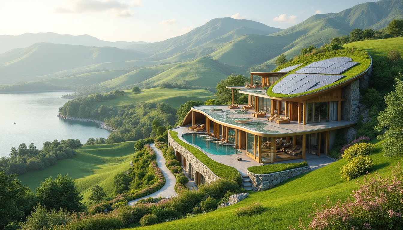 Prompt: Rolling hills, lush green meadows, serene lakeside, modern curved architecture, sustainable eco-friendly design, solar panels, green roofs, natural stone walls, wooden accents, floor-to-ceiling windows, minimalist interior, spacious open plan, vibrant colorful artwork, abstract sculptures, blooming gardens, walking trails, shaded outdoor spaces, warm sunny day, soft diffused lighting, shallow depth of field, 3/4 composition, panoramic view, realistic textures, ambient occlusion.