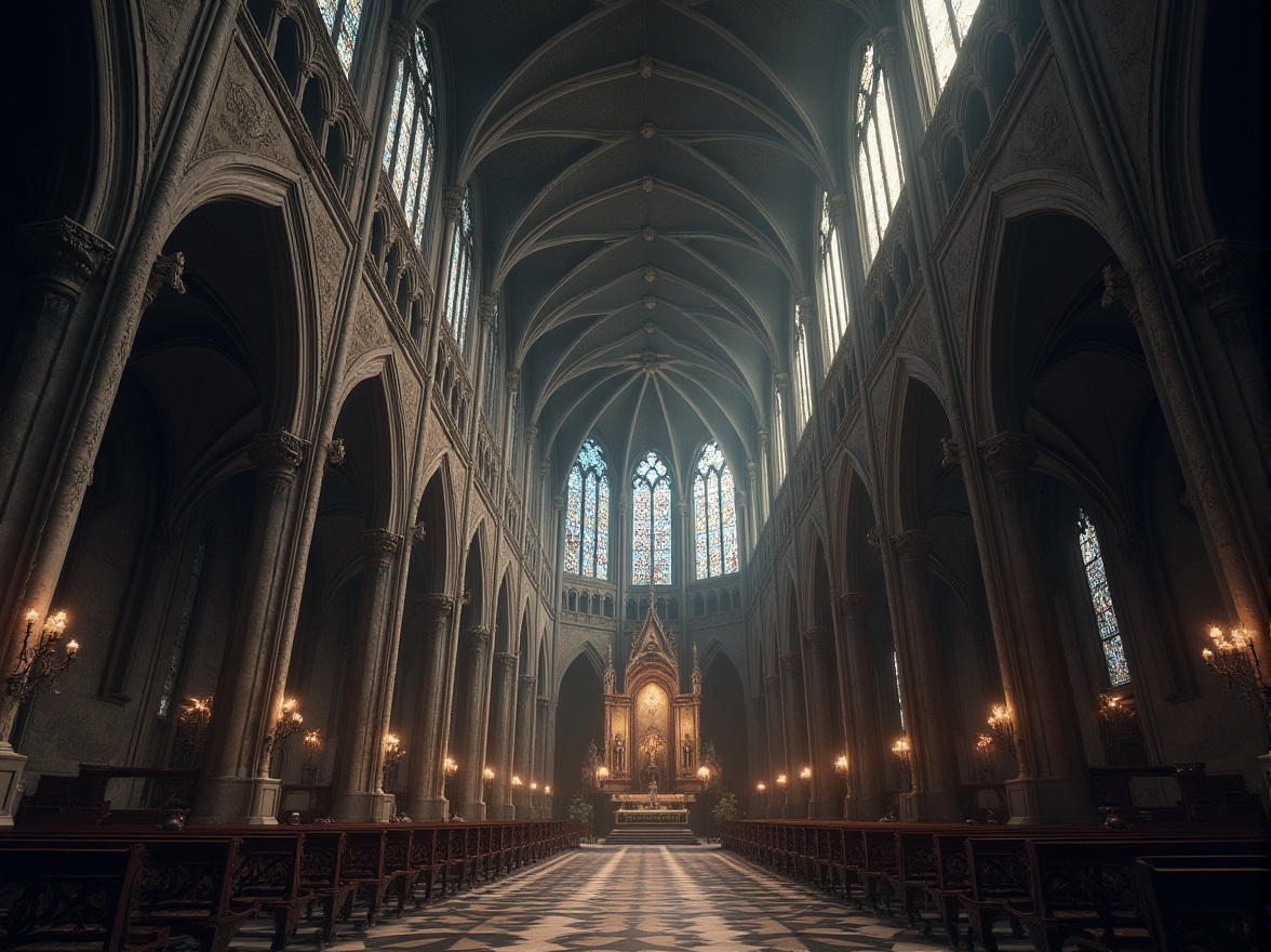 Prompt: Elegant cathedral, soaring vertical lines, pointed arches, ribbed vaults, flying buttresses, grandiose stained glass windows, intricate stone carvings, ornate sculptures, mystical ambiance, dim soft lighting, dramatic shadows, high ceilings, lavish decorations, rich textures, ancient architectural style, mysterious atmosphere, solemn tone, atmospheric perspective, cinematic composition, realistic rendering.