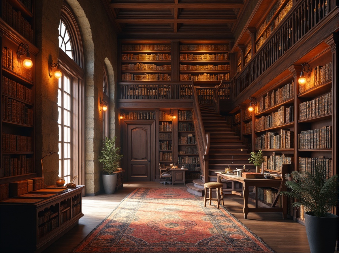 Prompt: Rustic library exterior, weathered stone walls, ornate wooden doors, grand entrance halls, sweeping staircases, richly textured carpeting, warm wooden shelving, leather-bound book collections, cozy reading nooks, natural light pouring in, soft warm lighting, shallow depth of field, 3/4 composition, panoramic view, realistic textures, ambient occlusion.