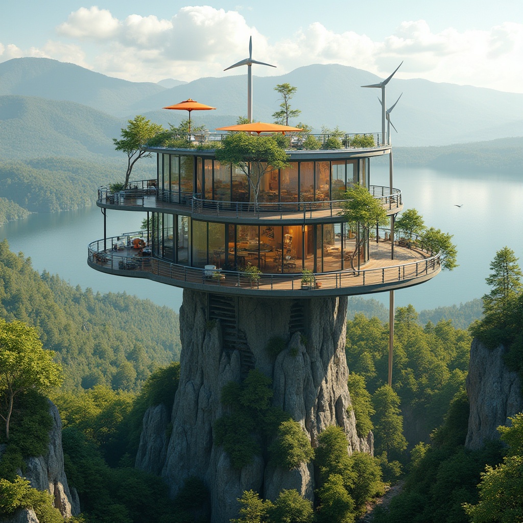 Prompt: Panoramic watching tower, harmonious landscape integration, rolling hills, lush greenery, serene lake views, walking trails, wooden decks, rustic stone walls, natural blend of architecture and nature, cantilevered observation decks, modern minimalist design, large windows, glass railings, steel frames, eco-friendly materials, sustainable energy solutions, solar panels, wind turbines, shaded outdoor spaces, misting systems, vibrant colorful accents, intricate geometric motifs, warm sunny day, soft warm lighting, shallow depth of field, 3/4 composition.