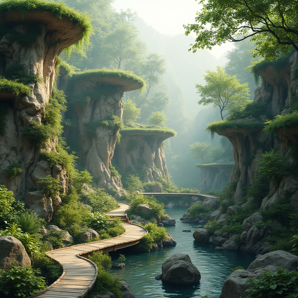 Prompt: Seamless landscape integration, organic shapes, natural stone walls, lush green roofs, native plants, meandering pathways, serene water features, wooden bridges, rustling leaves, warm sunlight, soft shadows, misty atmosphere, 3/4 composition, panoramic view, realistic textures, ambient occlusion.