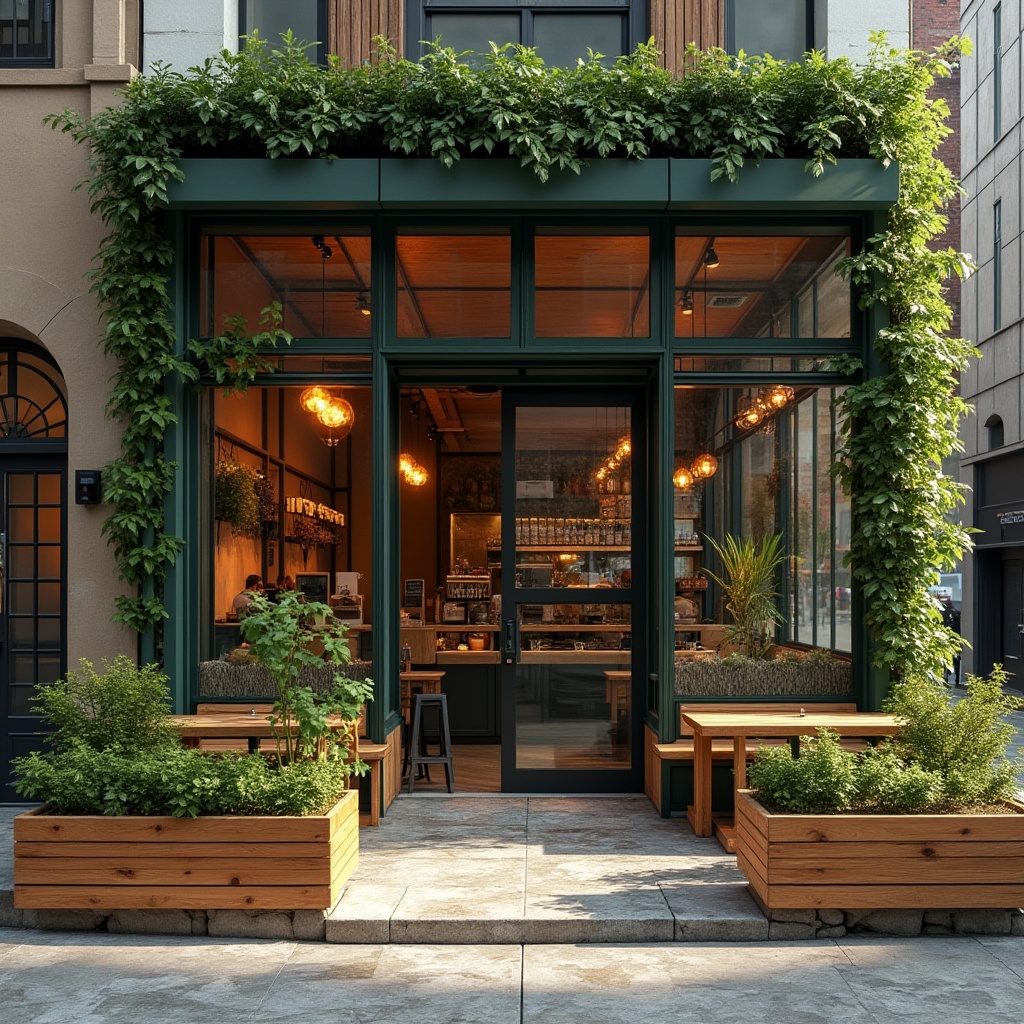 Prompt: Vibrant coffee shop exterior, modern facade design, large glass windows, wooden accents, metal frames, green walls, living plants, urban atmosphere, busy streets, morning sunlight, warm lighting, shallow depth of field, 1/2 composition, realistic textures, ambient occlusion, cozy outdoor seating, reclaimed wood benches, industrial-style lighting fixtures, abstract geometric patterns, earthy tone color scheme, natural stone flooring, eclectic decorative elements.