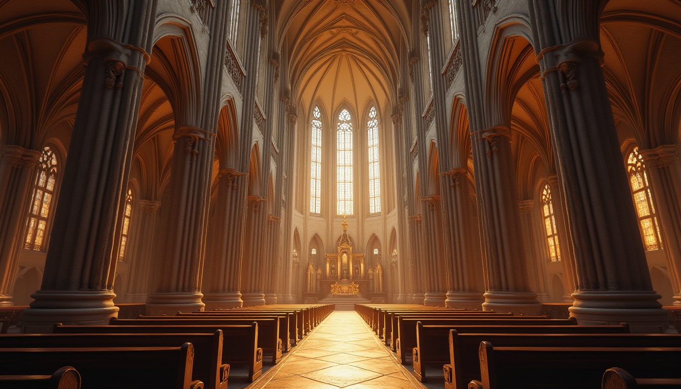 Prompt: Elegant cathedral interior, towering vaulted ceilings, majestic vertical lines, grand stone pillars, ornate stained glass windows, intricate ribbed arches, mystical ambiance, warm golden lighting, dramatic shadows, richly textured stone walls, ornamental carvings, sacred atmospheres, solemn silence, symmetrical composition, atmospheric perspective, realistic stone materials, subtle ambient occlusion.