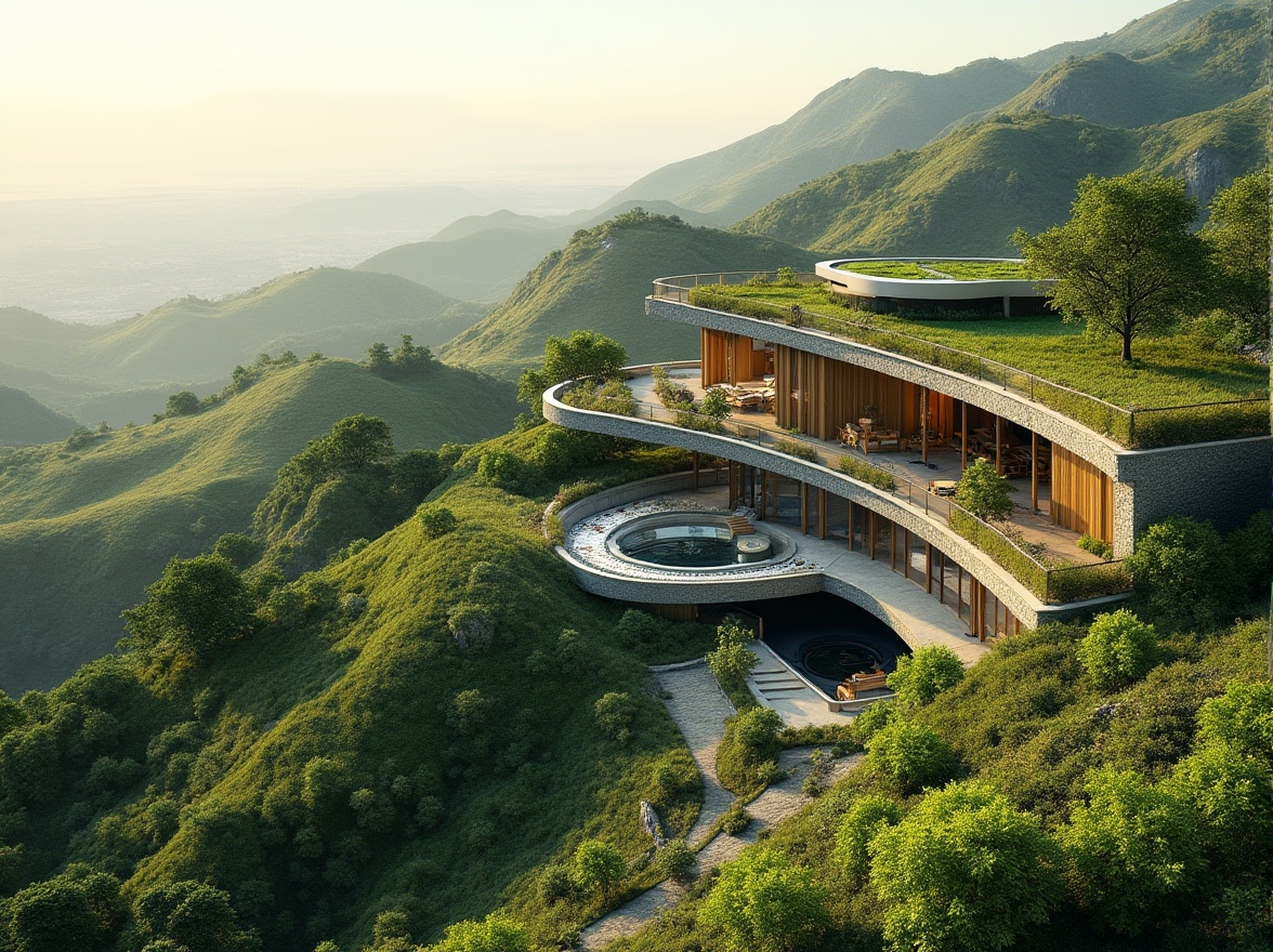 Prompt: Harmonious landscape integration, rolling hills, lush greenery, natural stone walls, curved architecture lines, modern sustainable design, eco-friendly materials, solar panels, green roofs, living walls, water features, serene ambiance, warm natural lighting, shallow depth of field, 3/4 composition, panoramic view, realistic textures, ambient occlusion.