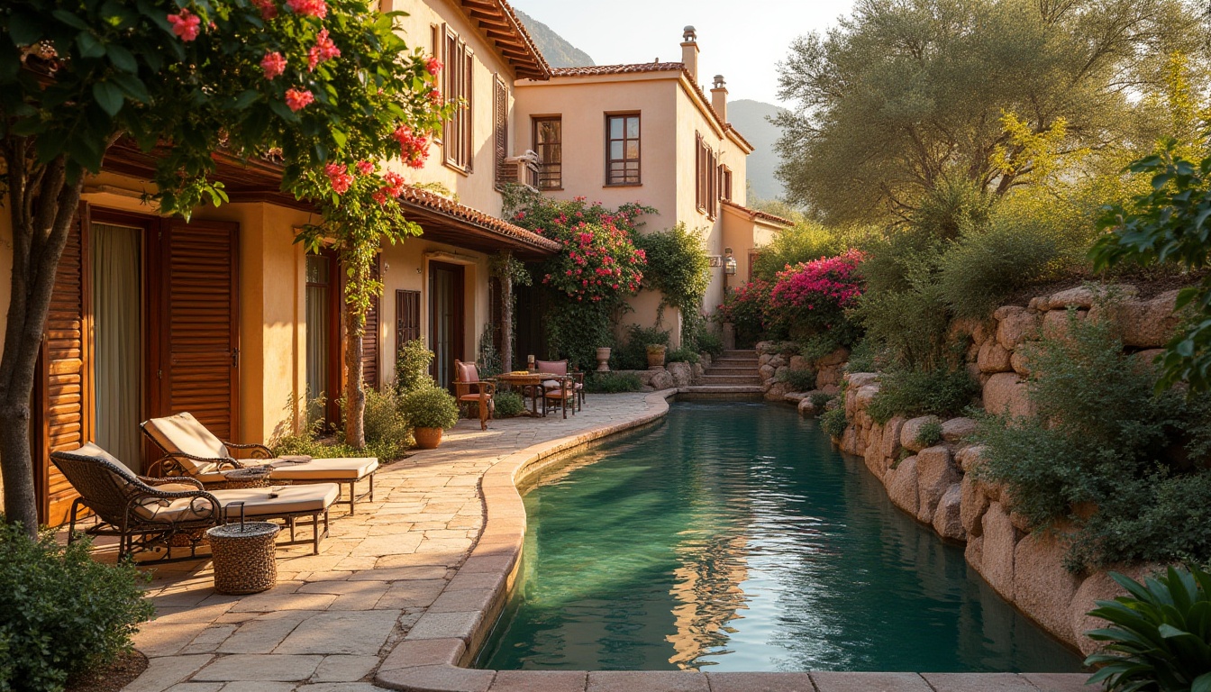 Prompt: Secluded villa, Mediterranean style, warm beige walls, terra cotta roofs, lush greenery, vibrant bougainvillea flowers, tranquil water features, natural stone pathways, wooden shutters, ornate ironwork, rustic outdoor furniture, soft golden lighting, warm sunset ambiance, 1/2 composition, intimate atmosphere, realistic textures, ambient occlusion.