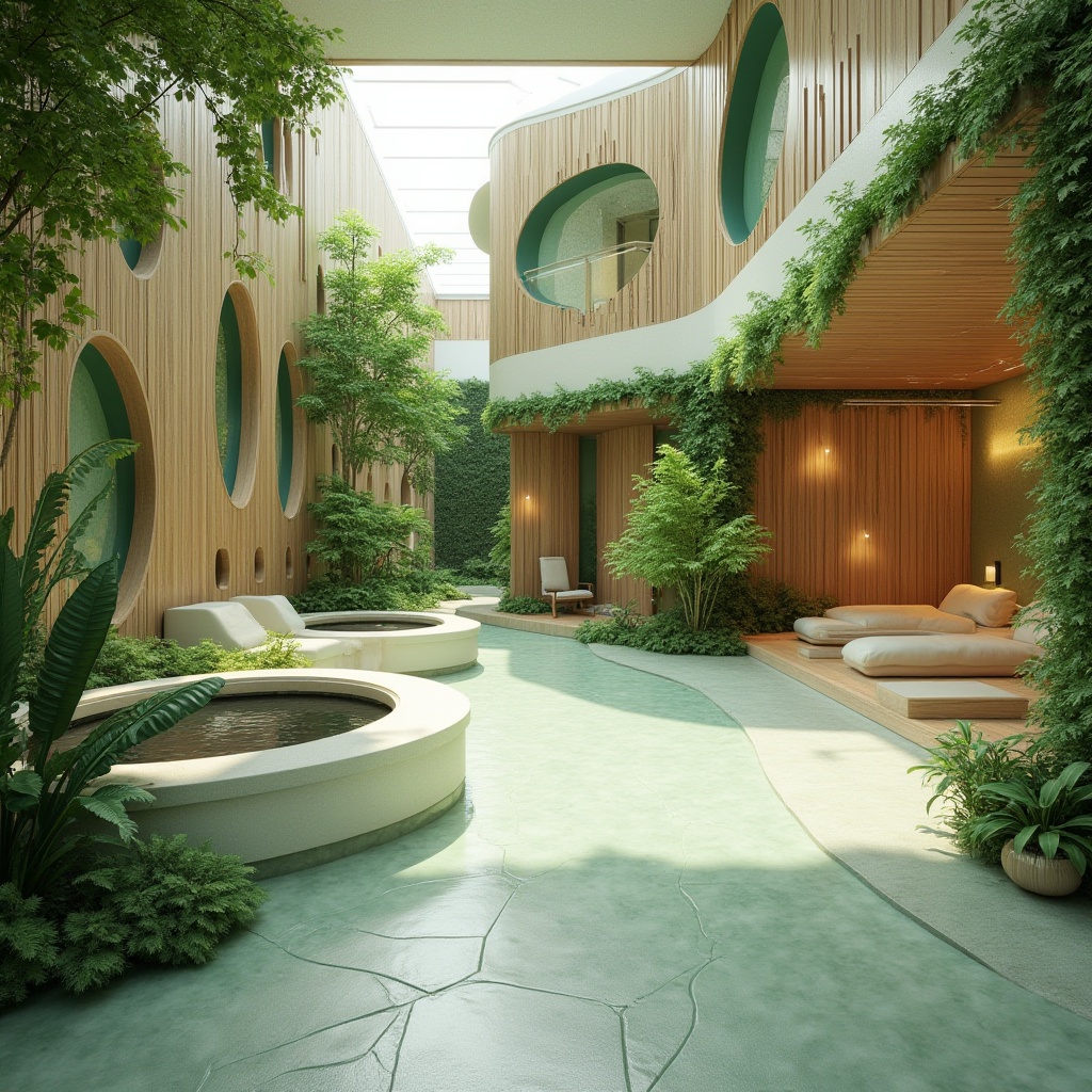 Prompt: \Soothing rehabilitation center, lush green walls, natural wood accents, calming water features, therapeutic gardens, accessible ramps, wide corridors, soft warm lighting, comfortable seating areas, modern medical equipment, eco-friendly materials, energy-efficient systems, solar panels, rainwater harvesting, green roofs, minimalist interior design, circular windows, 1/1 composition, shallow depth of field, realistic textures, ambient occlusion.\