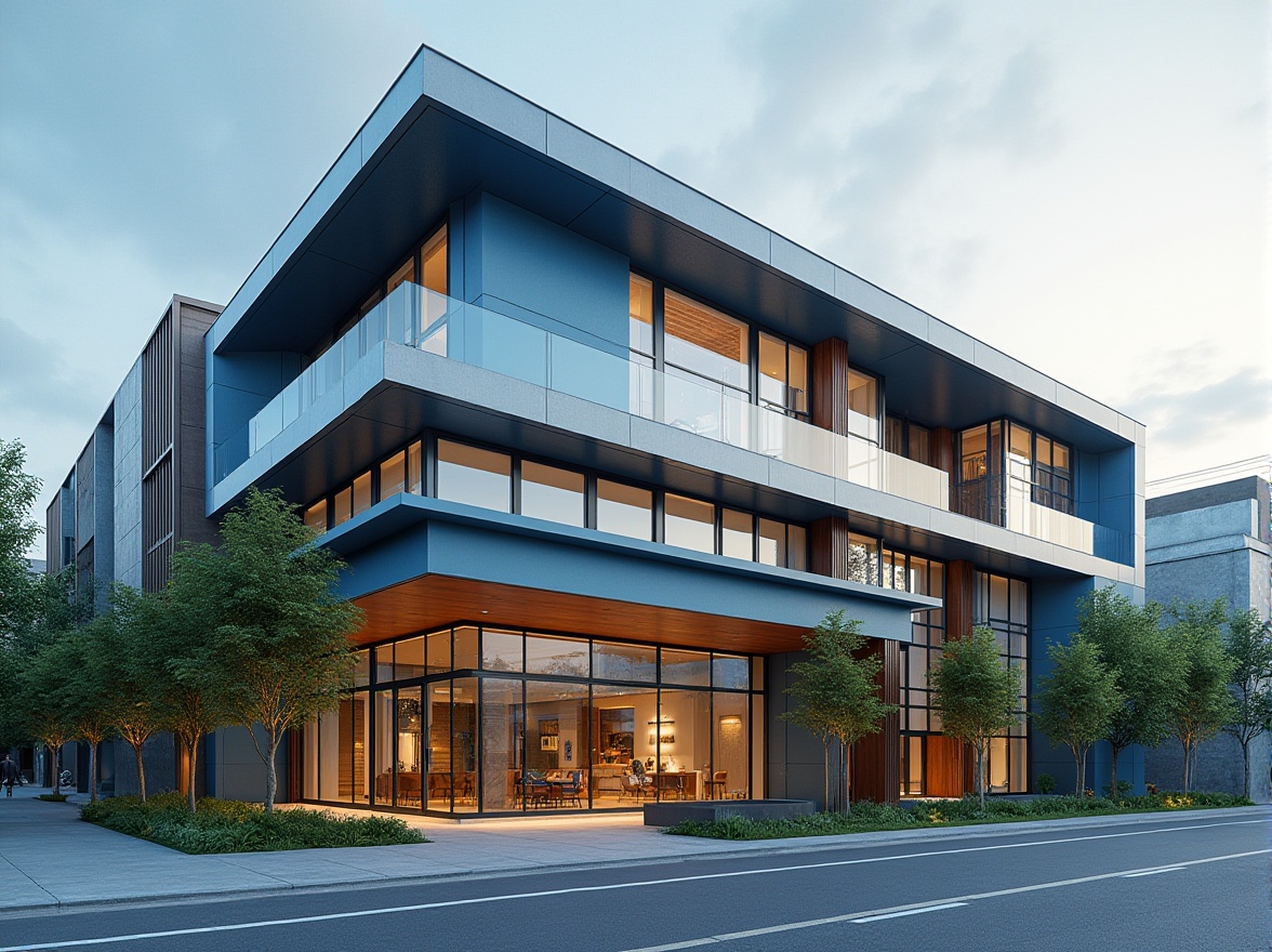 Prompt: Modern building exterior, sleek glass fa\u00e7ade, bold blue accents, neutral beige tones, rich wood textures, vibrant greenery, natural stone walls, urban cityscape, cloudy day, soft diffused lighting, shallow depth of field, 1/2 composition, realistic materials, ambient occlusion.