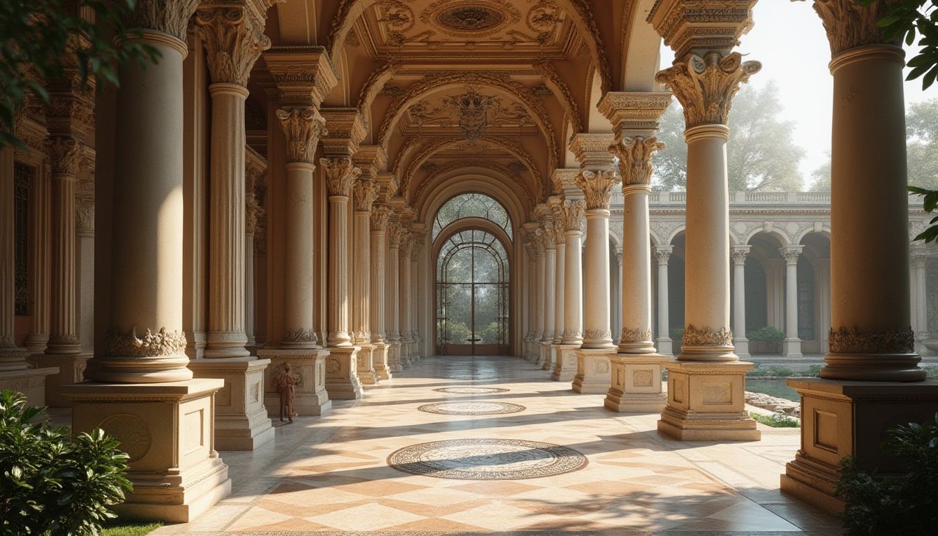 Prompt: Ornate Renaissance columns, fluted shafts, ornamental capitals, Corinthian pilasters, intricately carved reliefs, Tuscan arches, rusticated stone bases, polished marble surfaces, grandiose proportions, symmetrical facades, majestic entranceways, ornate fountains, lush greenery, warm afternoon light, soft focus blur, atmospheric perspective, 1/2 composition, dramatic shadows, realistic textures.