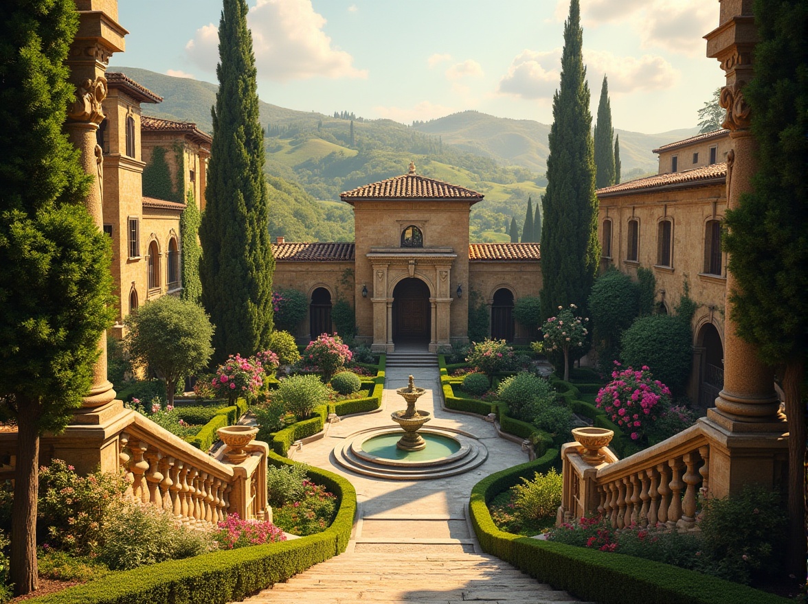 Prompt: Lush Tuscan gardens, rolling hills, cypress trees, ornate fountains, grand staircases, symmetrical archways, rusticated stone walls, terracotta rooftops, ornate balustrades, Renaissance palazzo, Italianate courtyard, manicured lawns, blooming flowerbeds, sunny afternoon, warm golden lighting, shallow depth of field, 1/2 composition, classical columns, ornate carvings, intricate moldings, realistic textures, ambient occlusion.