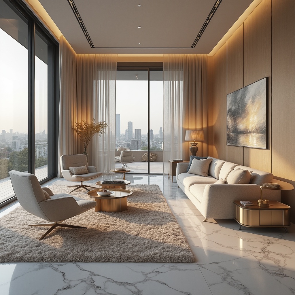 Prompt: Modern living room, sleek minimalist furniture, polished marble floors, warm ambient lighting, plush area rugs, textured wall panels, floor-to-ceiling windows, sliding glass doors, urban city views, cozy reading nooks, ergonomic chairs, geometric-shaped coffee tables, metallic accents, abstract art pieces, soft pastel color palette, 1/2 composition, shallow depth of field, natural materials, functional storage solutions.