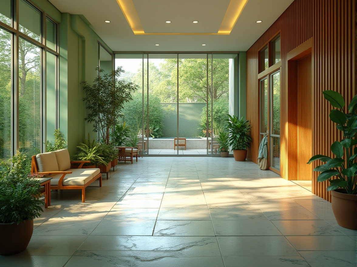 Prompt: Calming rehabilitation center, lush green walls, natural stone floors, wooden accents, soothing color palette, abundant natural light, large windows, sliding glass doors, serene outdoor spaces, wheelchair-accessible ramps, adaptive exercise equipment, gentle water features, peaceful courtyard, vibrant flower arrangements, comfortable seating areas, warm ambient lighting, shallow depth of field, 3/4 composition, realistic textures, soft focus effect.