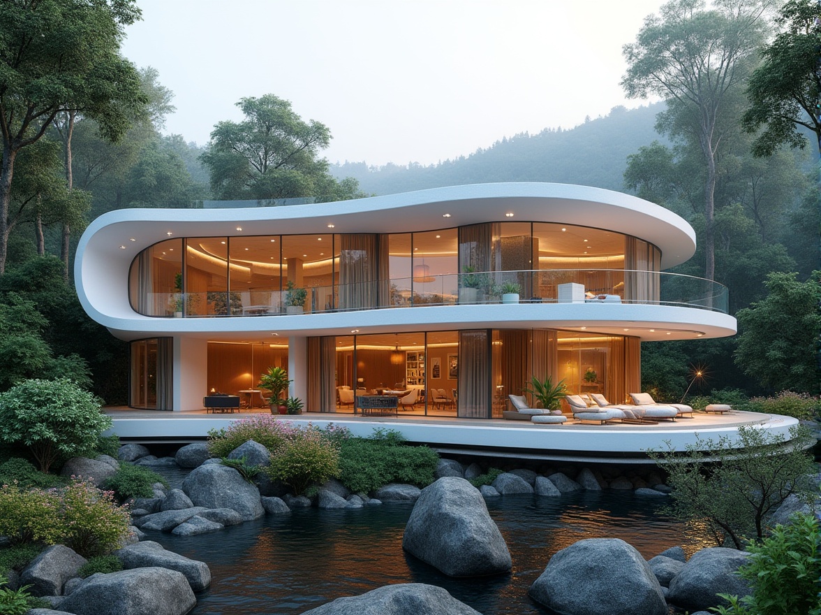 Prompt: Curved villa facade, streamlined modern architecture, white render walls, large floor-to-ceiling windows, sliding glass doors, minimalist decor, cantilevered rooflines, horizontal emphasis, open-plan interior, natural stone flooring, sleek metal handrails, hidden LED lighting, warm ambient glow, shallow depth of field, 1/1 composition, panoramic view, realistic textures, ambient occlusion, serene forest surroundings, gentle stream flow, lush greenery, vibrant blooming flowers.