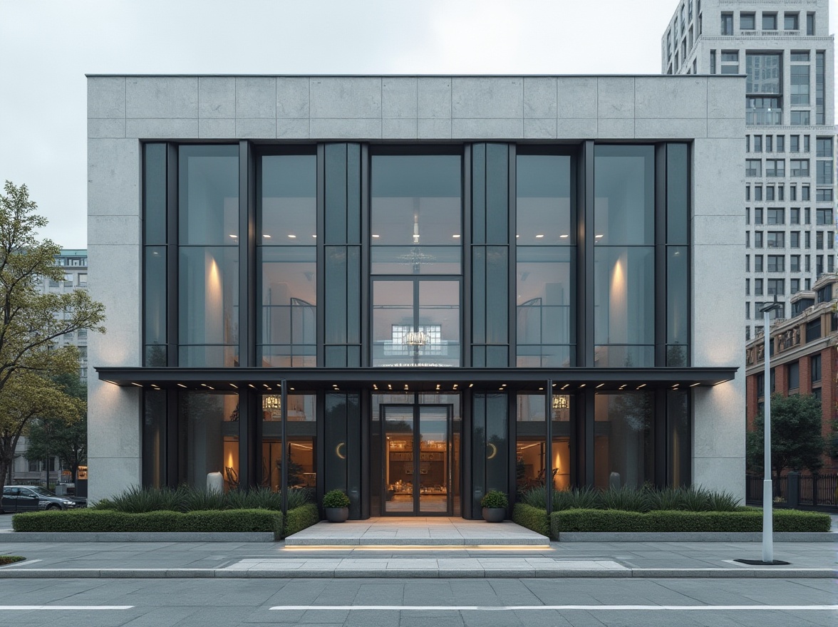 Prompt: Elegant building facade, symmetrical composition, clean lines, minimalist aesthetic, large glass windows, steel frames, modern materials, industrial chic, urban context, cityscape background, overcast sky, soft natural light, subtle shading, 1/2 composition, atmospheric perspective, detailed textures, ambient occlusion.