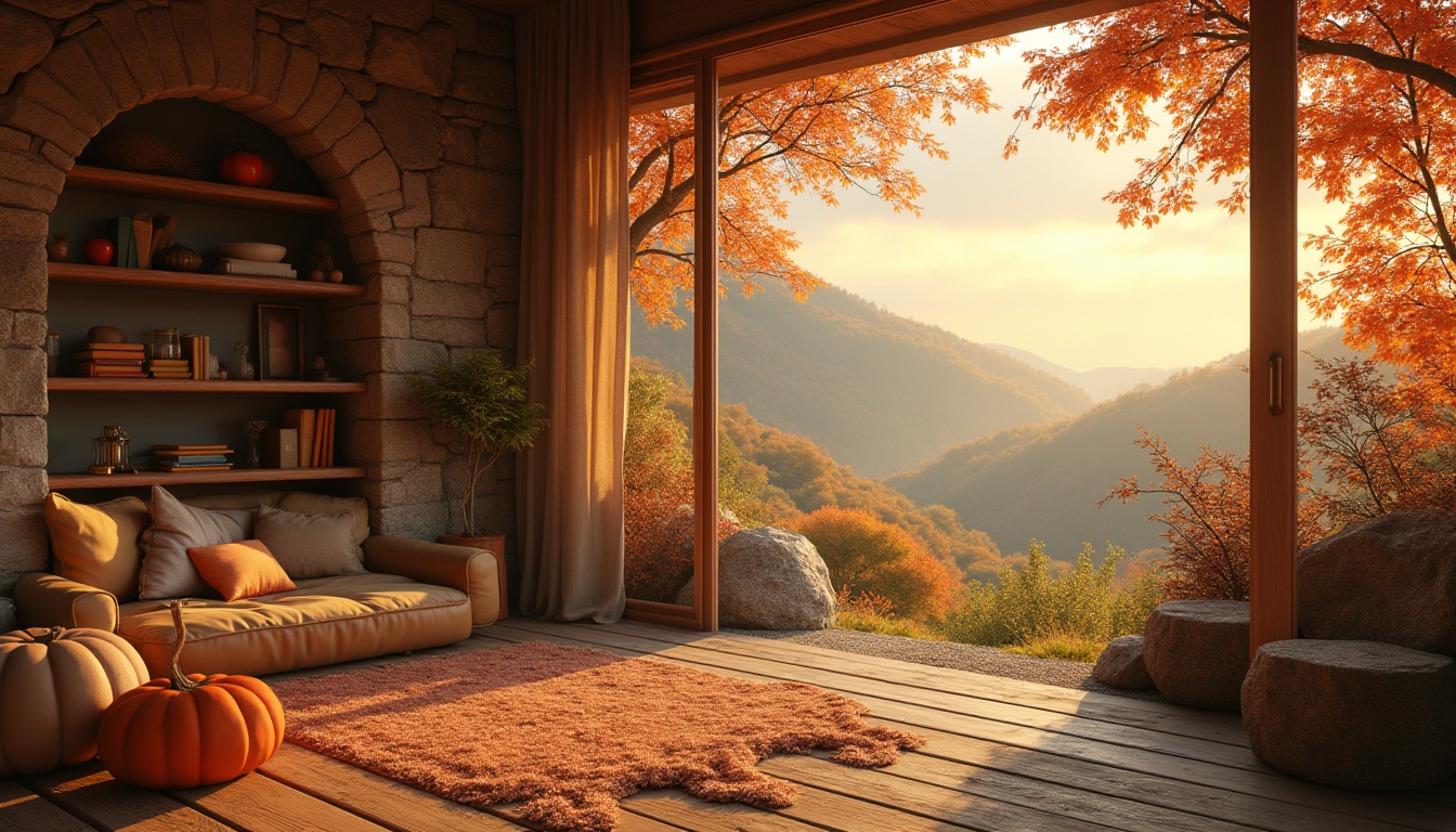 Prompt: Warm persimmon hues, earthy tones, rustic textures, natural stone walls, wooden accents, cozy atmosphere, intimate spaces, curved lines, organic shapes, soft warm lighting, golden hour ambiance, shallow depth of field, 1/1 composition, realistic rendering, ambient occlusion, serene landscape, rolling hills, lush greenery, autumn foliage, misty morning, gentle breeze.