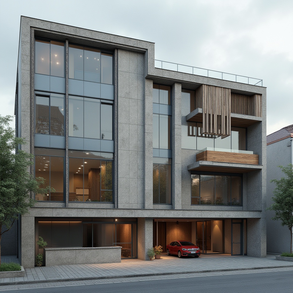 Prompt: Modern building facade, industrial materials, exposed concrete, rough stone walls, metallic surfaces, reflective glass panels, weathered wood accents, minimalist design, clean lines, urban cityscape, cloudy sky, soft natural light, 1/1 composition, shallow depth of field, realistic render, ambient occlusion.