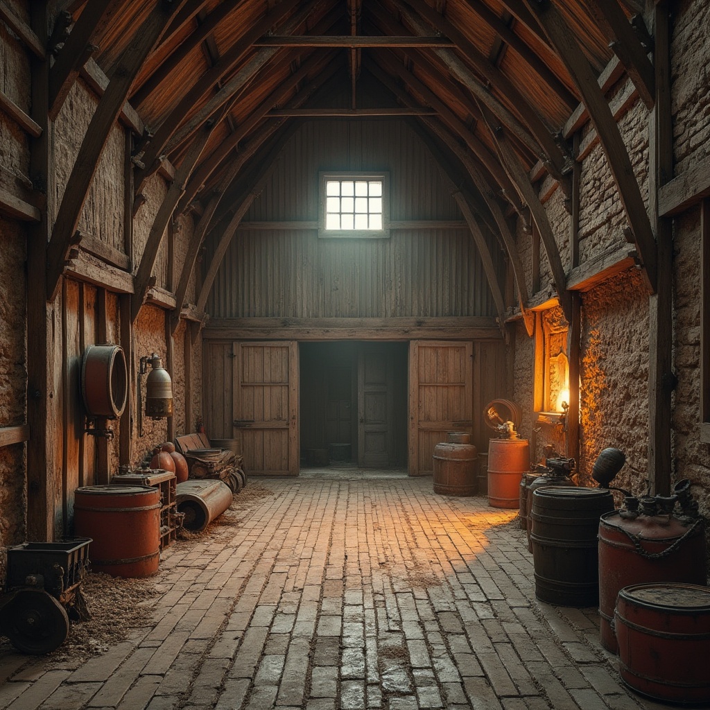 Prompt: Rustic barn, distressed wooden planks, weathered stone walls, corrugated metal roofs, vintage farm equipment, earthy color palette, natural materials, rough-hewn beams, worn brick floors, reclaimed wood accents, industrial metal fixtures, soft warm lighting, atmospheric fog, shallow depth of field, 2/3 composition, cinematic framing, realistic textures, ambient occlusion.