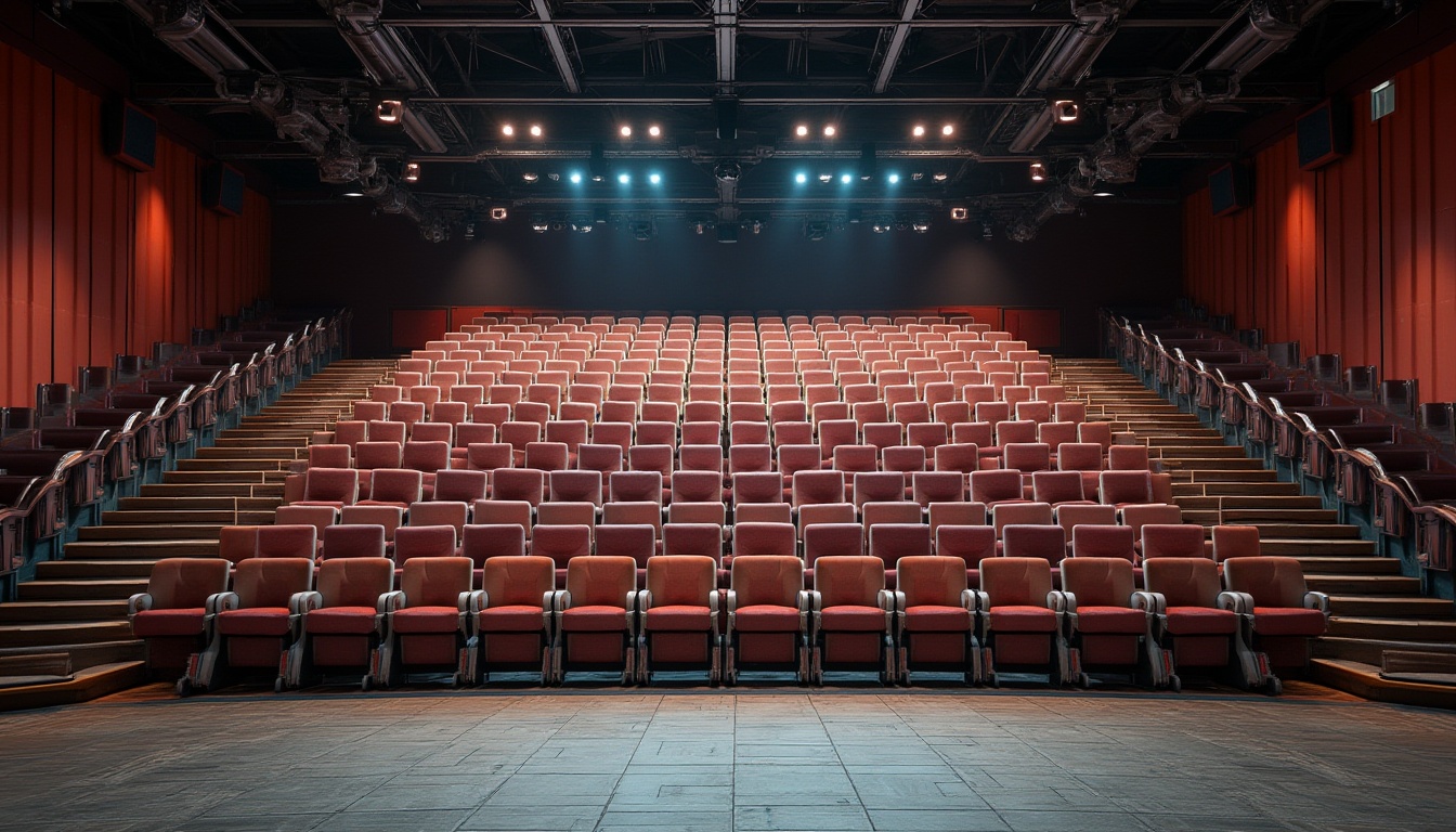 Prompt: Tiered seating, curved rows, modern amphitheater design, sleek metal frames, ergonomic chairs, vibrant upholstery, colorful accents, natural stone flooring, wooden stage, dynamic lighting systems, spotlights, warm ambiance, intimate setting, shallow depth of field, 1/1 composition, realistic textures, ambient occlusion.