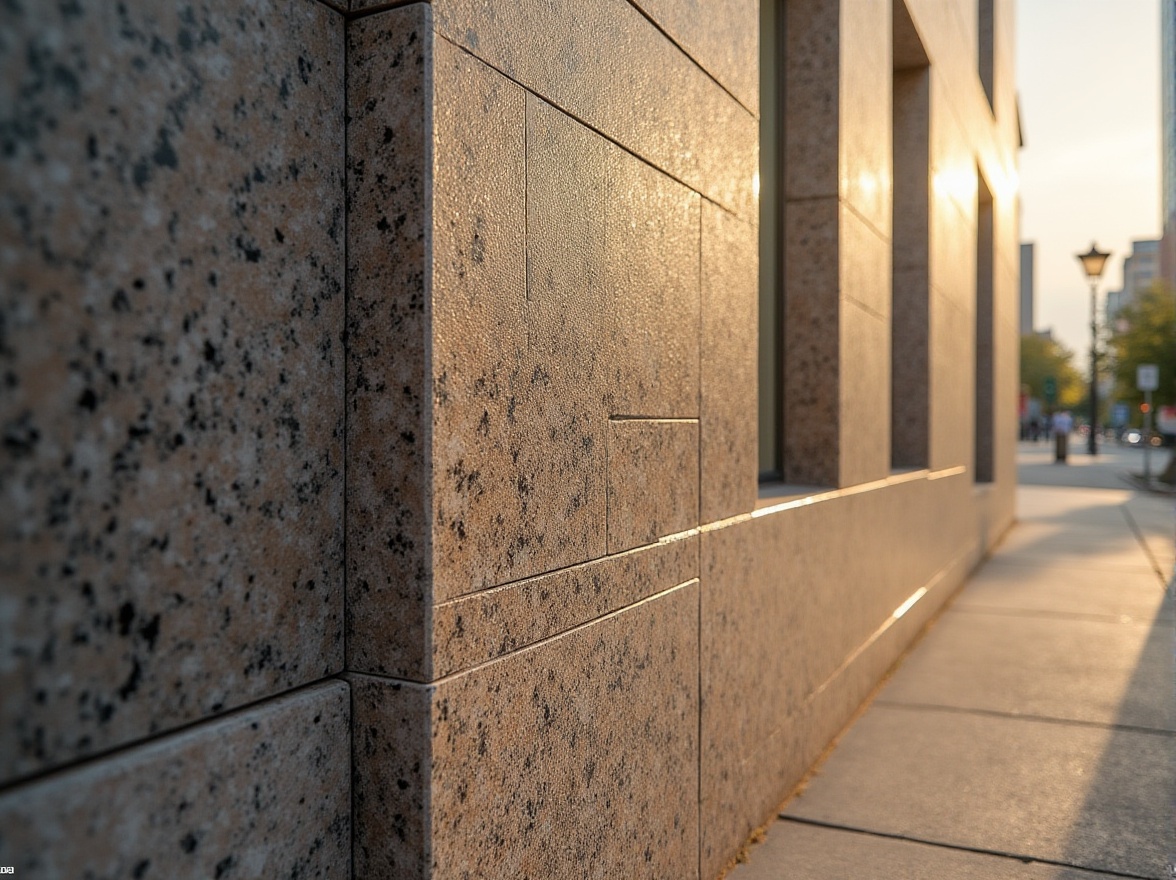 Prompt: Granite building facade, speckled stone texture, earthy brown color, rugged natural pattern, polished surface finish, modern architectural design, sleek lines, minimalist aesthetic, urban cityscape, busy streets, morning sunlight, soft warm lighting, shallow depth of field, 3/4 composition, realistic textures, ambient occlusion.