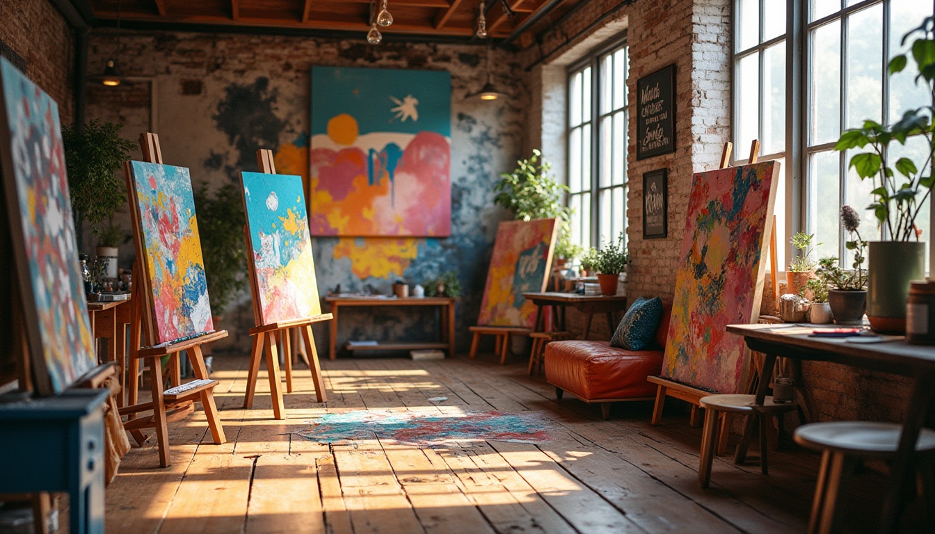 Prompt: Vibrant art studio, eclectic color scheme, bold brushstrokes, abstract expressionism, textured canvas, artistic freedom, natural light pouring in, wooden floorboards, easel stands, paint-splattered aprons, inspirational quotes, modern furniture pieces, urban loft atmosphere, industrial chic decor, exposed brick walls, high ceilings, oversized windows, warm afternoon lighting, soft focus effect, 1/2 composition, shallow depth of field.