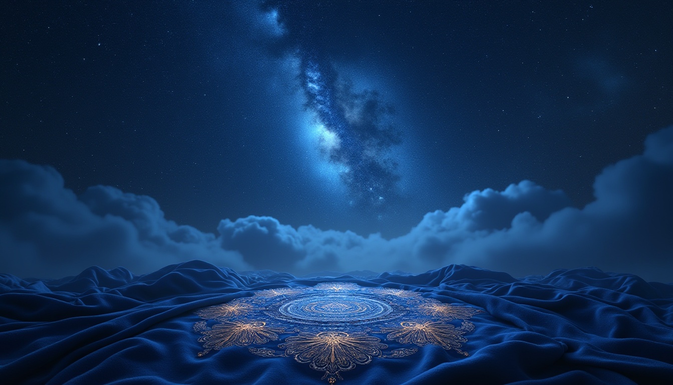 Prompt: Mysterious indigo night sky, twinkling stars, celestial bodies, nebula clouds, dark blue-purple hues, rich velvet fabrics, luxurious textures, ornate gold accents, ancient mystical symbols, intricate mandalas, spiritual artifacts, dimly lit ambiance, soft misty atmosphere, atmospheric perspective, cinematic lighting, 1/2 composition, realistic rendering.