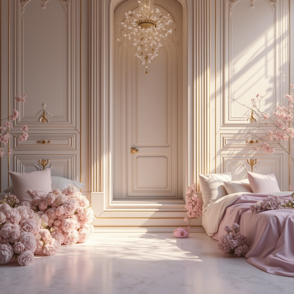 Prompt: Soft lilac hues, warm beige accents, rich plum undertones, creamy whites, gentle blush pinks, muted sage greens, subtle lavender shades, elegant gold metallic, ornate wooden textures, luxurious velvet fabrics, refined marble surfaces, delicate floral patterns, whimsical watercolor effects, dreamy soft focus, shallow depth of field, 2/3 composition, warm golden lighting, romantic ambiance.