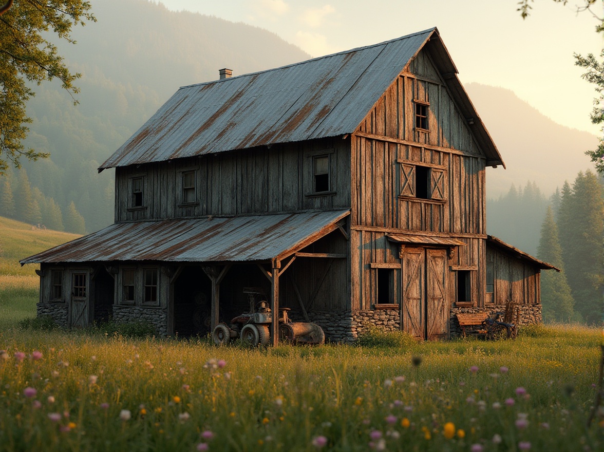 Prompt: Rustic barn, distressed wooden planks, weathered metal roofs, vintage agricultural equipment, hayloft windows, earthy tones, natural stone foundations, rough-hewn beams, reclaimed wood accents, muted color palette, soft warm lighting, shallow depth of field, 1/1 composition, cinematic angle, realistic textures, ambient occlusion, rural landscape, rolling hills, green pastures, wildflowers, serene atmosphere, misty morning, warm golden hour.