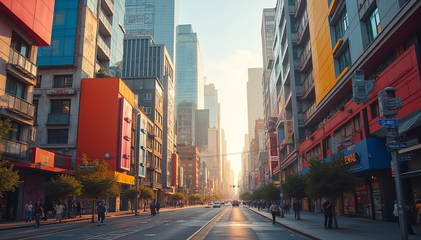 Prompt: Vibrant cityscape, modern skyscrapers, bold color blocking, contrasting hues, harmonious palette, natural light reflections, glass facades, steel structures, urban density, bustling streets, pedestrian traffic, vibrant street art, eclectic neighborhoods, warm golden lighting, shallow depth of field, 2/3 composition, symmetrical balance, realistic textures, ambient occlusion.