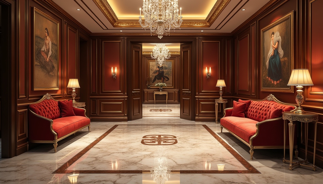 Prompt: Luxurious interior design, opulent marble floors, rich wood paneling, lavish velvet upholstery, metallic accents, crystal chandeliers, ornate moldings, sumptuous silk fabrics, premium leather textures, intricate inlays, high-gloss finishes, sophisticated color palette, ambient warm lighting, 1/1 composition, shallow depth of field, realistic reflections.