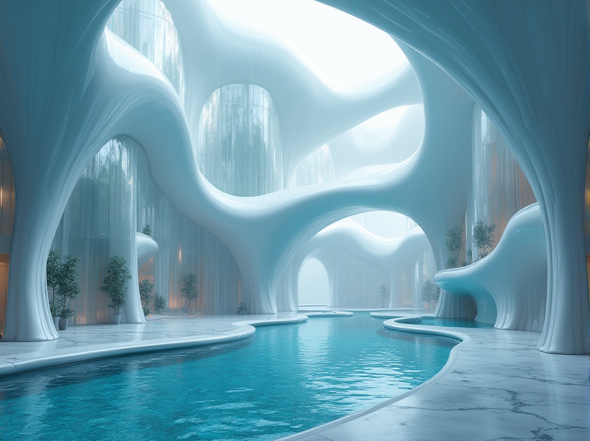 Prompt: Organic curved lines, flowing shapes, futuristic architecture, undulating walls, wavy roofs, transparent glass facades, reflective metal surfaces, iridescent colors, shimmering lighting effects, misty atmosphere, ethereal ambiance, dreamlike quality, surreal composition, abstract patterns, swirling motifs, fluid dynamics inspiration, aquatic influences, oceanic hues, soft focus, shallow depth of field, 1/1 composition, cinematic view.