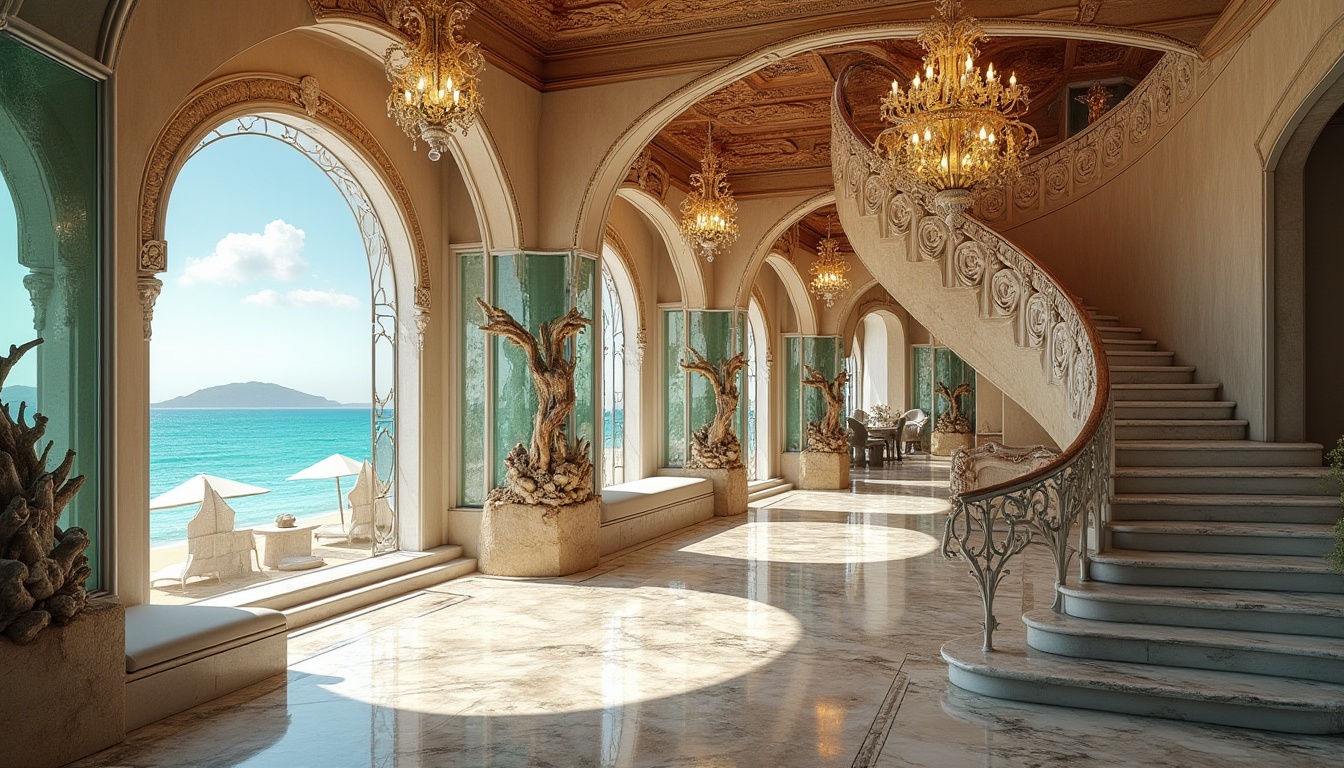 Prompt: Elegant coastal mansion, intricate stone carvings, ornate wooden accents, grand entranceways, sweeping staircases, lavish chandeliers, crystal clear windows, shimmering ocean views, soft sandy beaches, driftwood sculptures, coral-inspired railings, turquoise glass tiles, polished marble floors, warm golden lighting, dramatic ceiling heights, 1/1 composition, atmospheric perspective, realistic water effects.