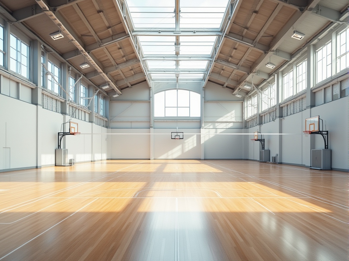 Prompt: Spacious gymnasium interior, high ceilings, clerestory windows, large skylights, abundant natural light, reflective white surfaces, polished wood floors, minimalist athletic equipment, suspended basketball hoops, volleyball nets, exercise machines, mirrored walls, modern industrial architecture, steel beams, exposed ductwork, bright sunny day, soft warm lighting, shallow depth of field, 1/1 composition, panoramic view, realistic textures, ambient occlusion.