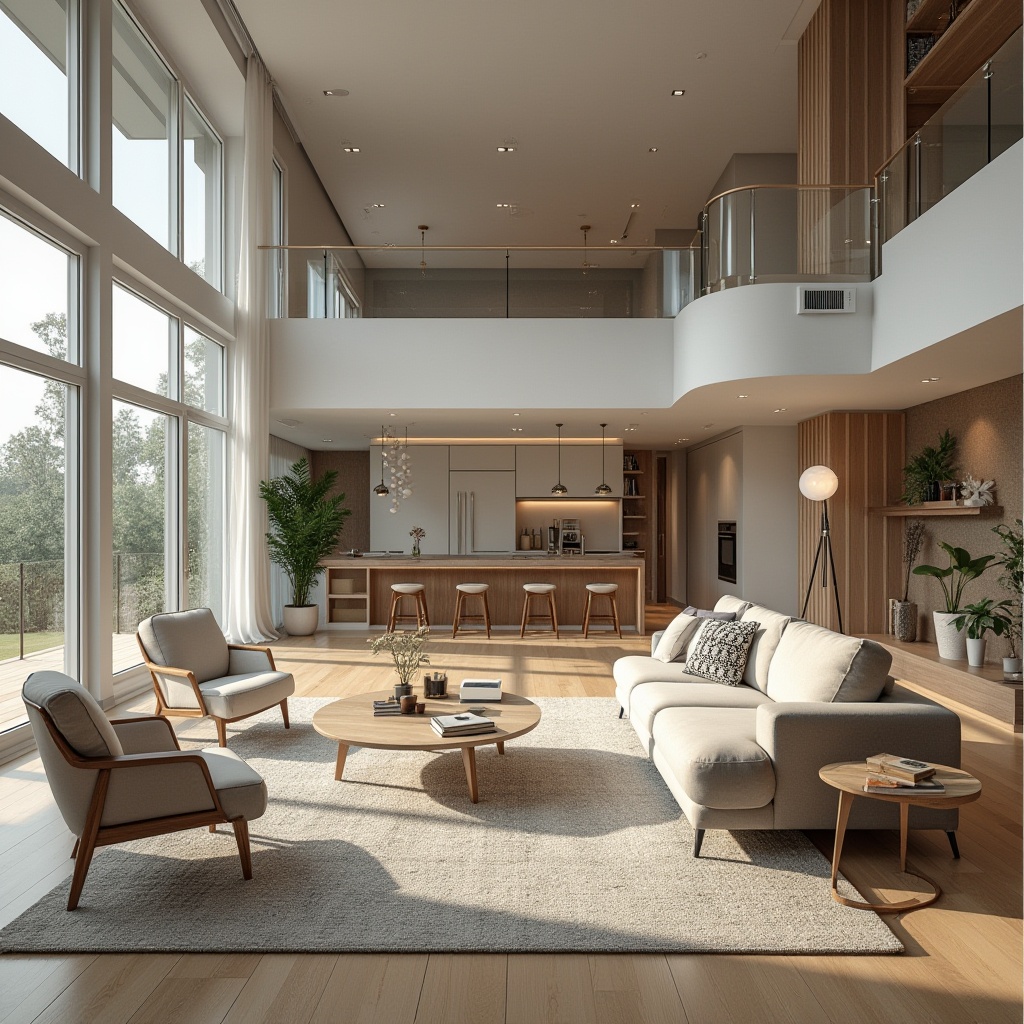 Prompt: Modern interior space, open-plan living area, minimalist decor, functional zones, cozy reading nook, sleek coffee table, comfortable sofas, natural wood flooring, floor-to-ceiling windows, abundant natural light, airy atmosphere, 3/4 composition, shallow depth of field, realistic textures, ambient occlusion.