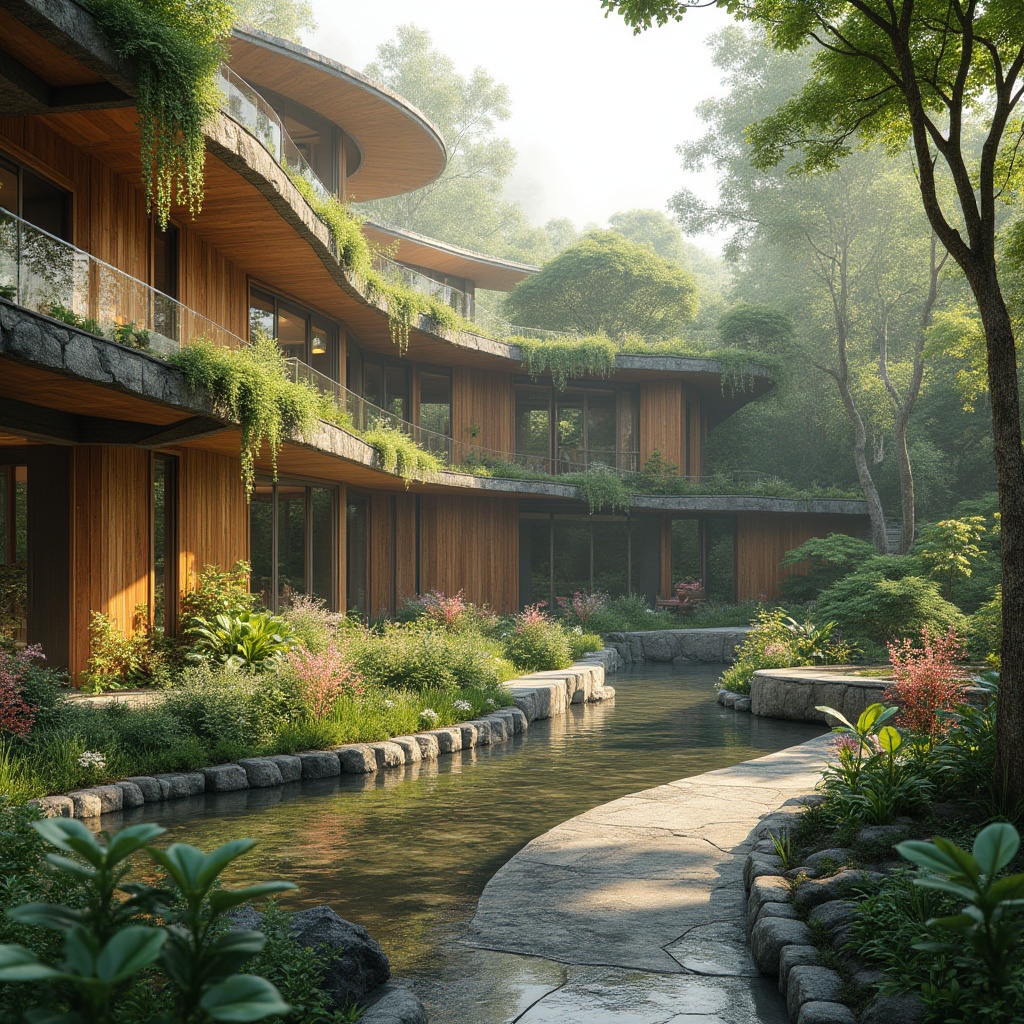 Prompt: Seamless integration, organic curves, living walls, green roofs, natural ventilation, large overhangs, cantilevered structures, earthy materials, reclaimed wood, rustic stone, serene water features, lush vegetation, native plants, blooming flowers, butterfly gardens, meandering paths, soft natural lighting, warm earth tones, 1/2 composition, atmospheric perspective, misty ambiance.