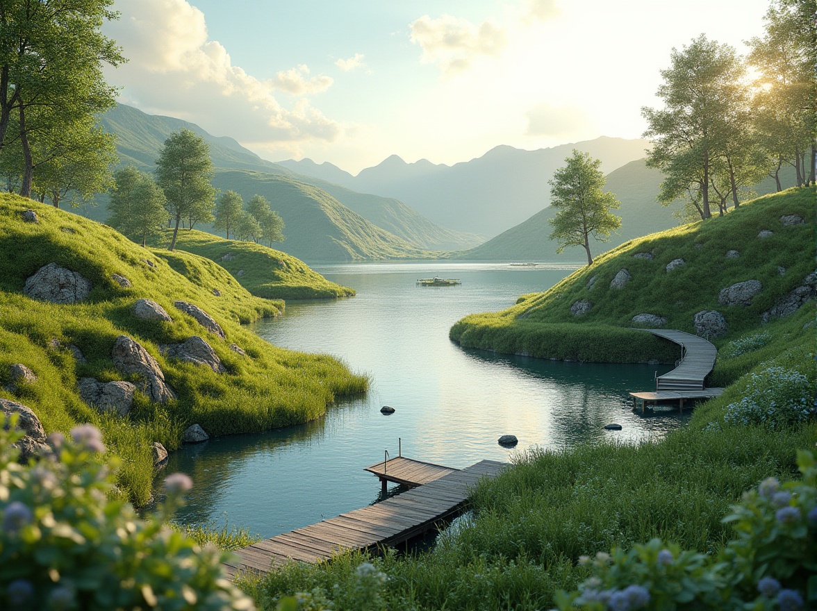 Prompt: Seamless landscape integration, harmonious natural curves, rolling hills, lush greenery, serene lakeside, wooden docks, stone pathways, native flora, wildlife habitats, eco-friendly materials, sustainable design, minimal environmental impact, warm sunny day, soft diffused lighting, shallow depth of field, 3/4 composition, panoramic view, realistic textures, ambient occlusion.