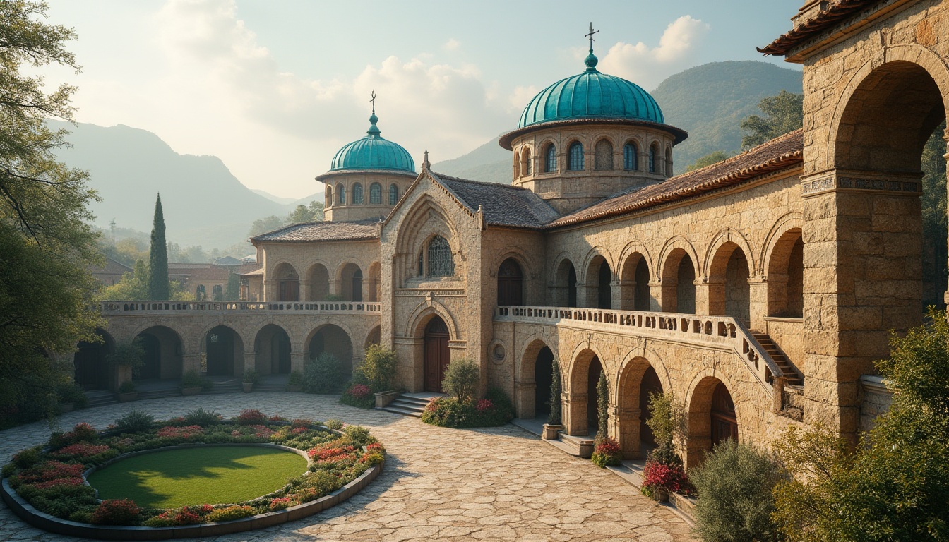 Prompt: Majestic monastery architecture, rustic stone walls, curved arches, vibrant turquoise domes, intricate stonework patterns, ornate wooden doors, serene courtyard gardens, lush greenery, misty morning fog, soft warm lighting, shallow depth of field, 3/4 composition, panoramic view, realistic textures, ambient occlusion, innovative roof structures, solar panels integration, wind turbines installation, eco-friendly roofing materials, curved lines, minimalist design, regional monastery influences, spiritual ambiance, peaceful atmosphere.