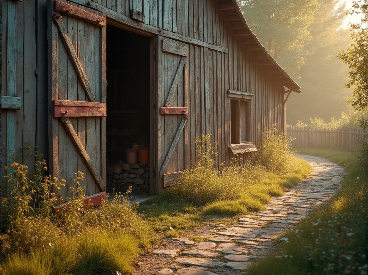 Prompt: Rustic barn, weathered wood, distressed textures, earthy tones, natural materials, warm beige, soft golden light, rich brown, deep crimson, muted turquoise, vintage metal accents, worn stone pathways, overgrown wildflowers, serene countryside, gentle morning mist, soft focus, 1/1 composition, symmetrical framing, warm color grading, filmic texture.