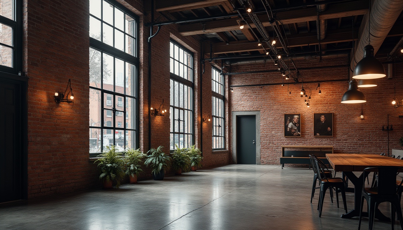 Prompt: Exposed brick walls, industrial metal frames, large steel windows, minimalist signage, urban cityscape, busy streets, eclectic neighborhood, converted warehouse spaces, open floor plans, high ceilings, polished concrete floors, reclaimed wood accents, modern art installations, neon lighting, gritty textures, shallow depth of field, 2/3 composition, dramatic backlighting, cinematic atmosphere.