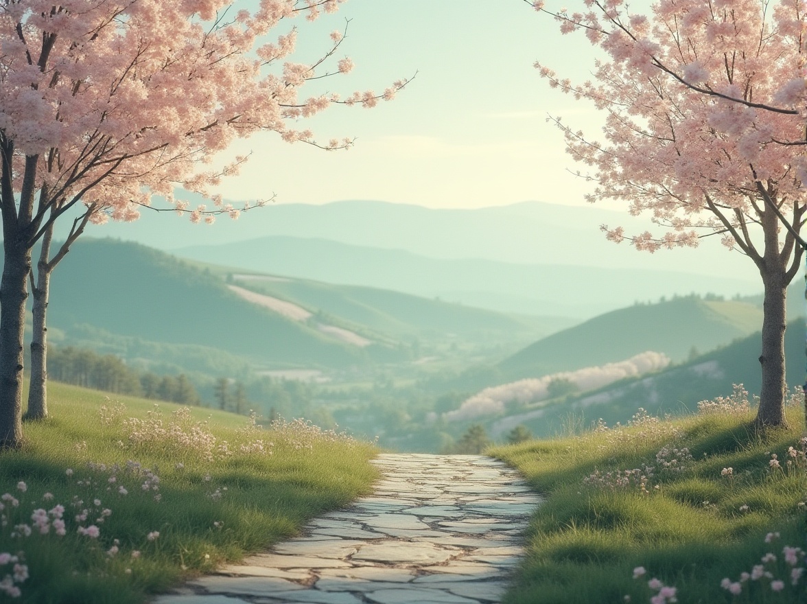 Prompt: Soft celadon hues, gentle misty mornings, serene landscape, rolling hills, delicate cherry blossoms, subtle warm lighting, creamy whites, pale blues, muted greens, rustic wooden accents, natural stone pathways, vintage distressed textures, shallow depth of field, 1/2 composition, dreamy atmospheric perspective, whimsical romantic feel.