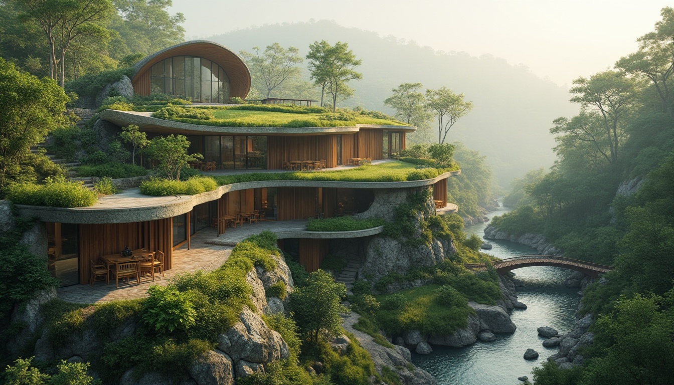 Prompt: Harmonious landscape integration, seamless blending of architecture with nature, lush green roofs, living walls, organic building forms, curved lines, natural stone materials, reclaimed wood accents, earthy color palette, soft diffused lighting, serene atmosphere, misty morning, gentle breeze, surrounding forest, meandering streams, wildlife habitats, native plant species, rustic wooden bridges, winding pathways, scenic overlooks, 1/2 composition, warm color tones, high dynamic range, realistic textures.