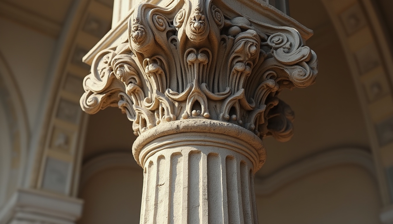 Prompt: Ornate column, Corinthian capital, fluted shaft, carved acanthus leaves, intricate stone carvings, Tuscan base, rusticated socle, ornamental moldings, grandiose proportions, classical Renaissance style, weathered stone texture, subtle warm lighting, shallow depth of field, 1/2 composition, symmetrical framing, realistic architectural details.